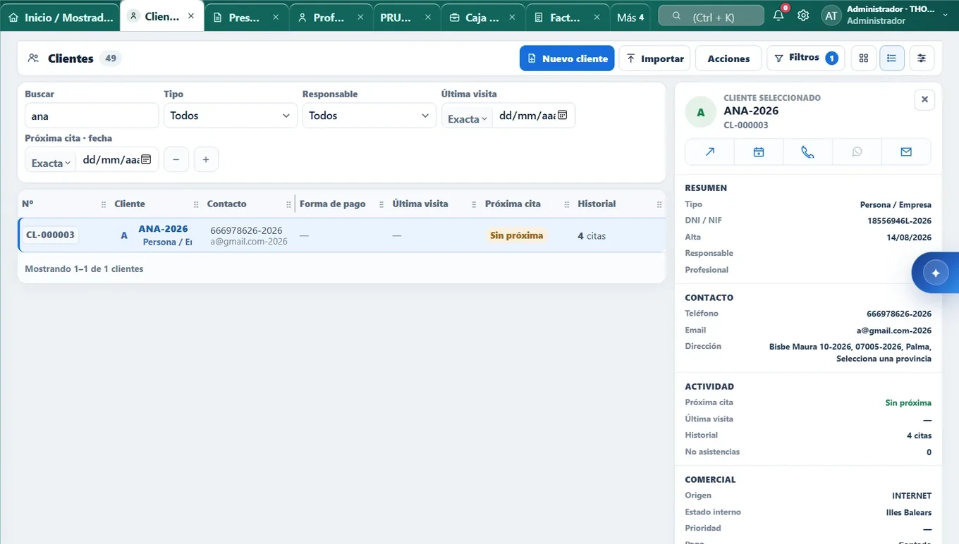 Vista de cliente en THORKIA con historial y próxima cita visibles