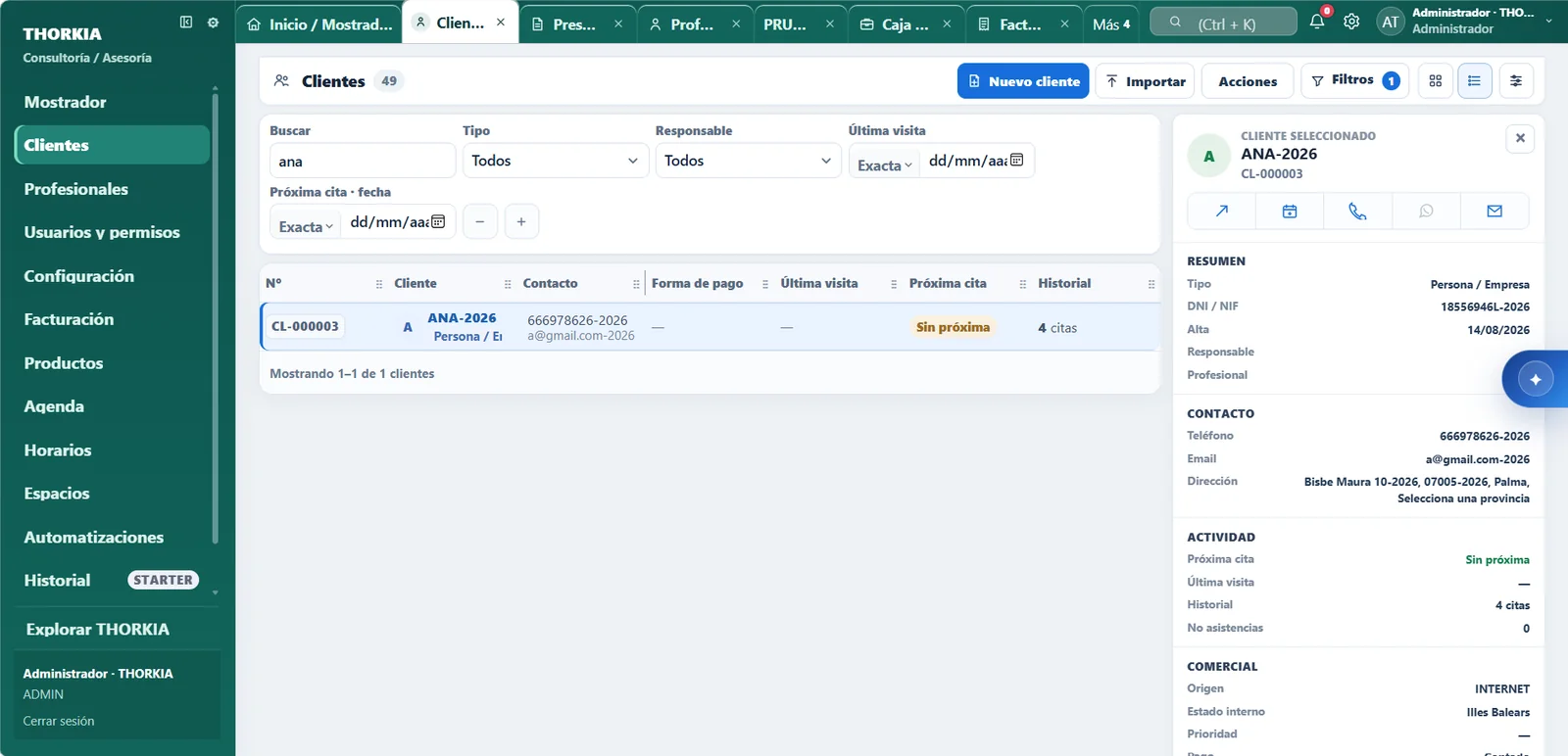 Vista real de THORKIA con listado de clientes e Inspector contextual