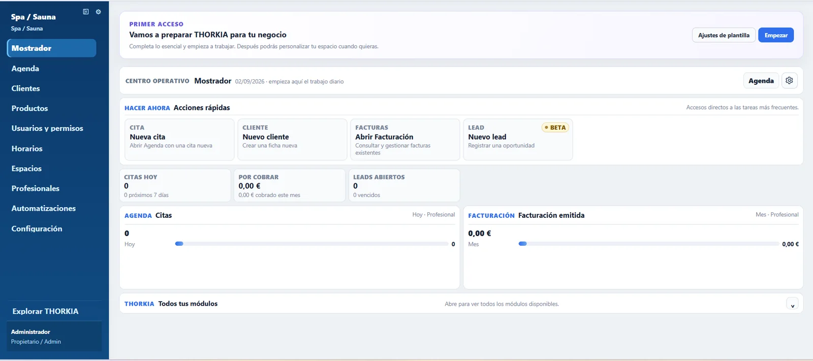 Mostrador real de THORKIA configurado para un negocio de servicios